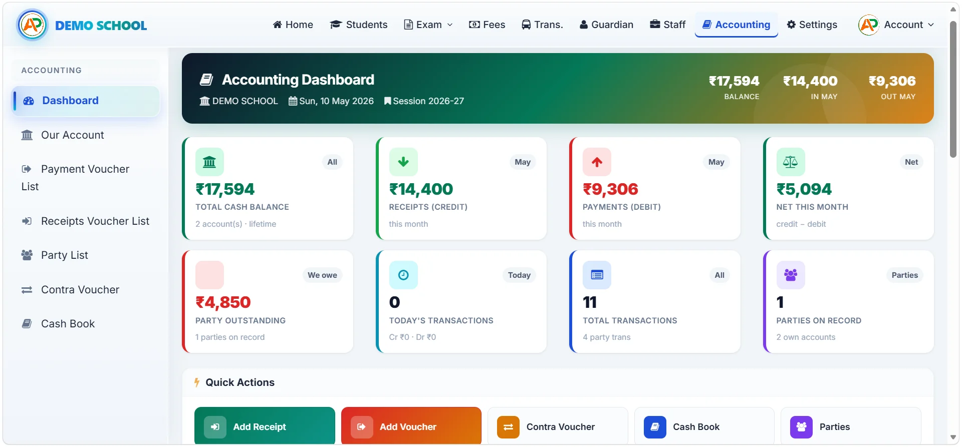 School accounting cash book — own accounts, party / vendor accounts and voucher entries