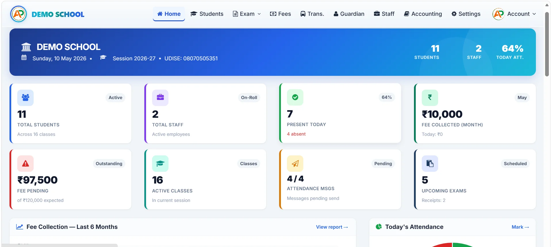 Apna School management software dashboard — students, classes, receipts, today's fee collection